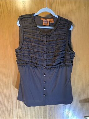 Tory Burch 100% Silk Brown Sleeveless Ruffle-Trim Button Front Top - Size 2